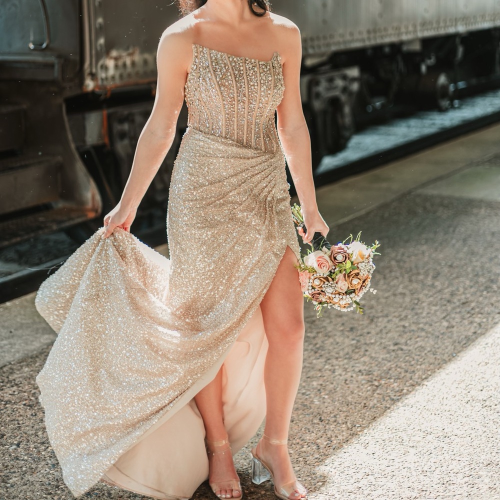 Elegant Gold Strapless Prom Dress